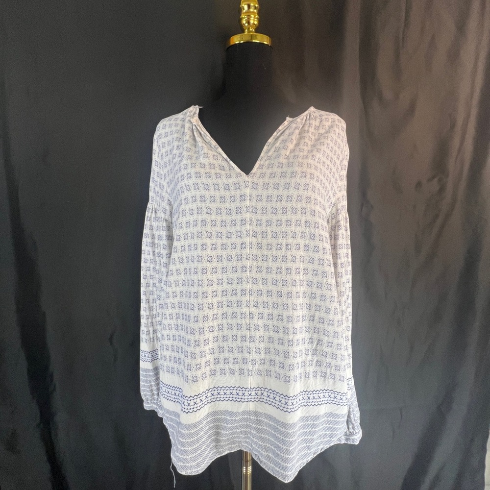 Gap Blue White‎ Geometric Tile Print Peasant Blouse V-Neck Bishop Sleeve Small